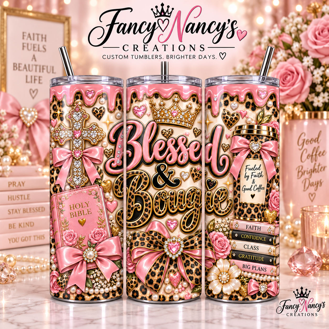 Blessed and Bougie 20 oz Sublimation Tumbler - pink gold leopard crown cross Holy Bible faith design