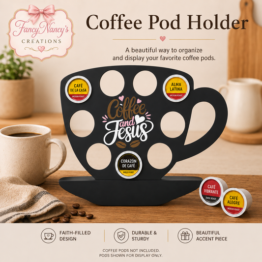Coffee and Jesus K-Cup Pod Holder flyer - faith-filled design, durable and sturdy, beautiful accent piece
