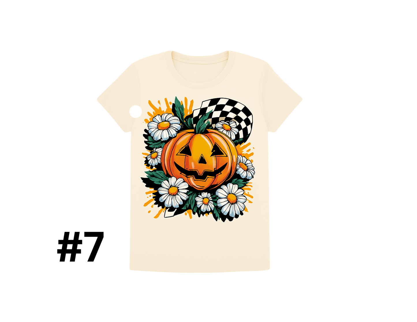 #7- Pumpkin Daisy Dash- A bold mix of jack-o’-lanterns, daisies, and racing checks.