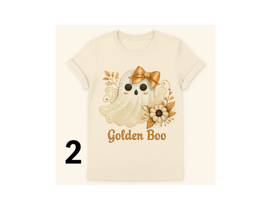 #2- Golden Boo-A glam ghost with lace and florals, perfect for spooky season sparkle.