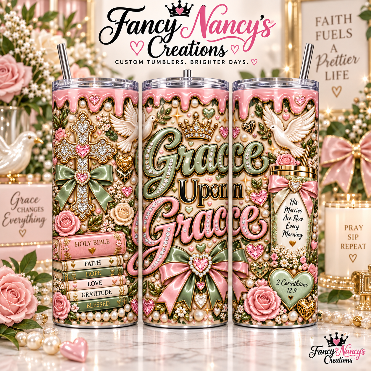 Grace Upon Grace 20 oz Sublimation Tumbler - pink sage green cross doves roses scripture faith design
