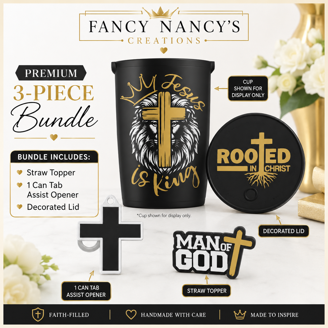 Jesus is King Bundle - Premium 3-piece faith-inspired set with Man of God straw topper, can tab assist opener, and Rooted in Christ decorated lid