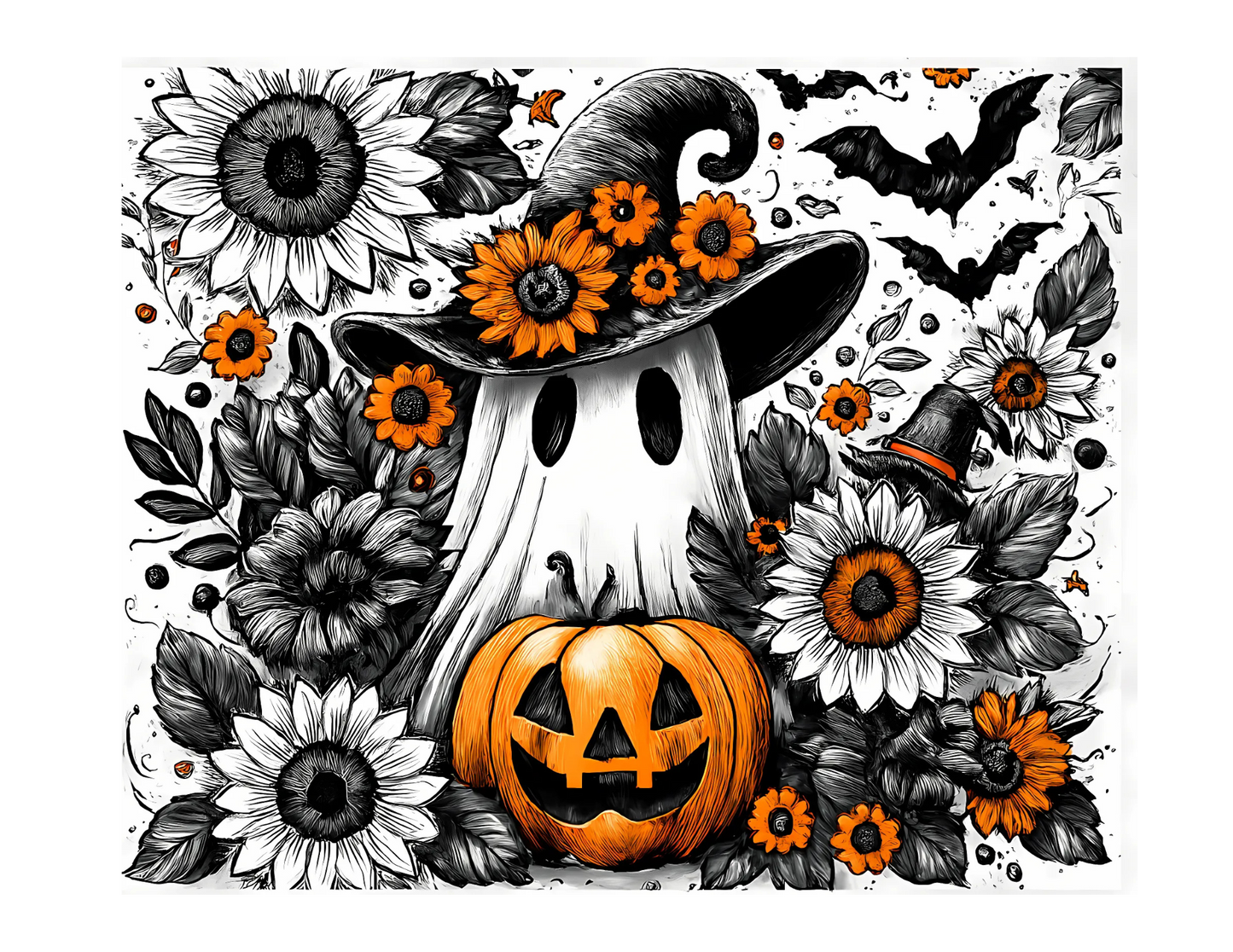 Halloween Ghost & Sunflower Tumbler – 20 oz Sublimation Stainless Steel with Metal Straw