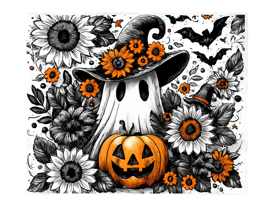 Halloween Ghost & Sunflower Tumbler – 20 oz Sublimation Stainless Steel with Metal Straw