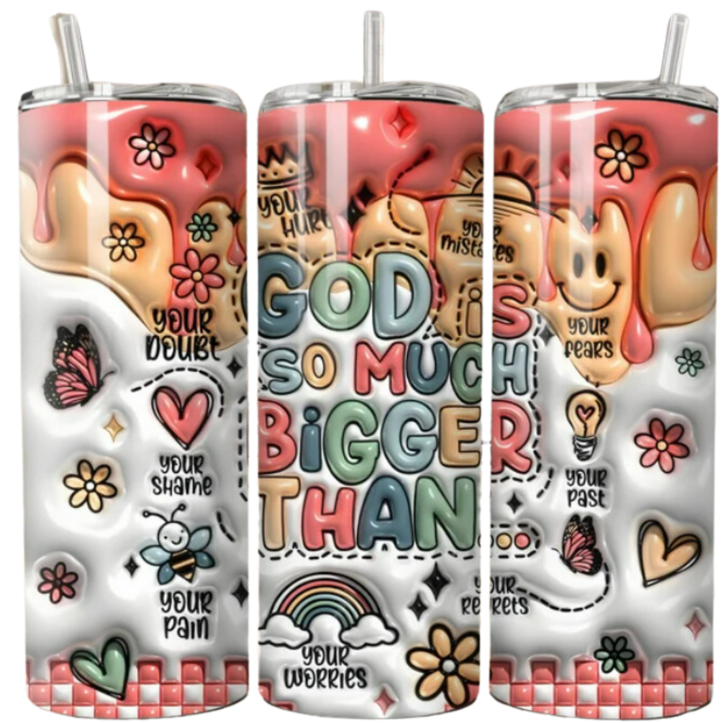 3D Inflated God Is So Much Bigger Than, 3D Puffy Retro Christian - 20 oz Skinny Tumbler with straw