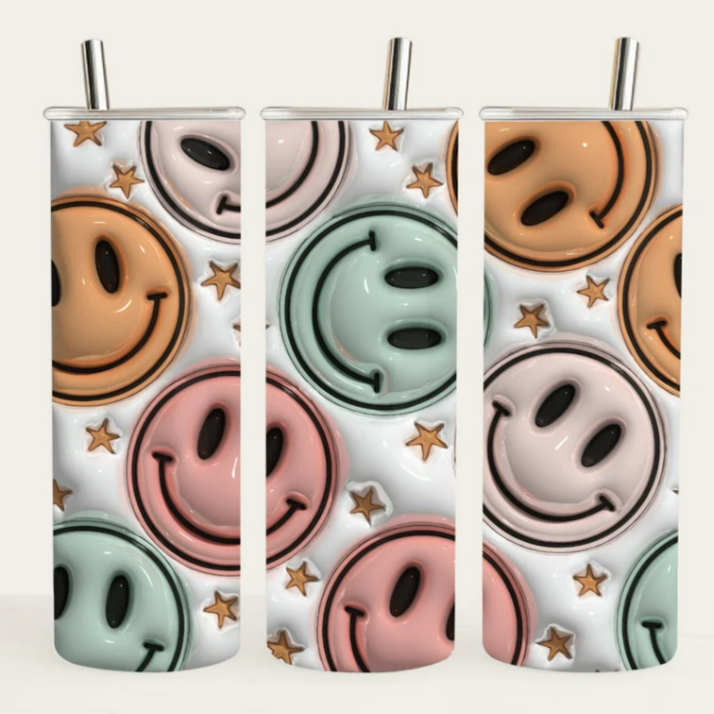 3-D Puff Inflated Retro Happy Face Tumbler - 20 oz Skinny Tumbler with straw