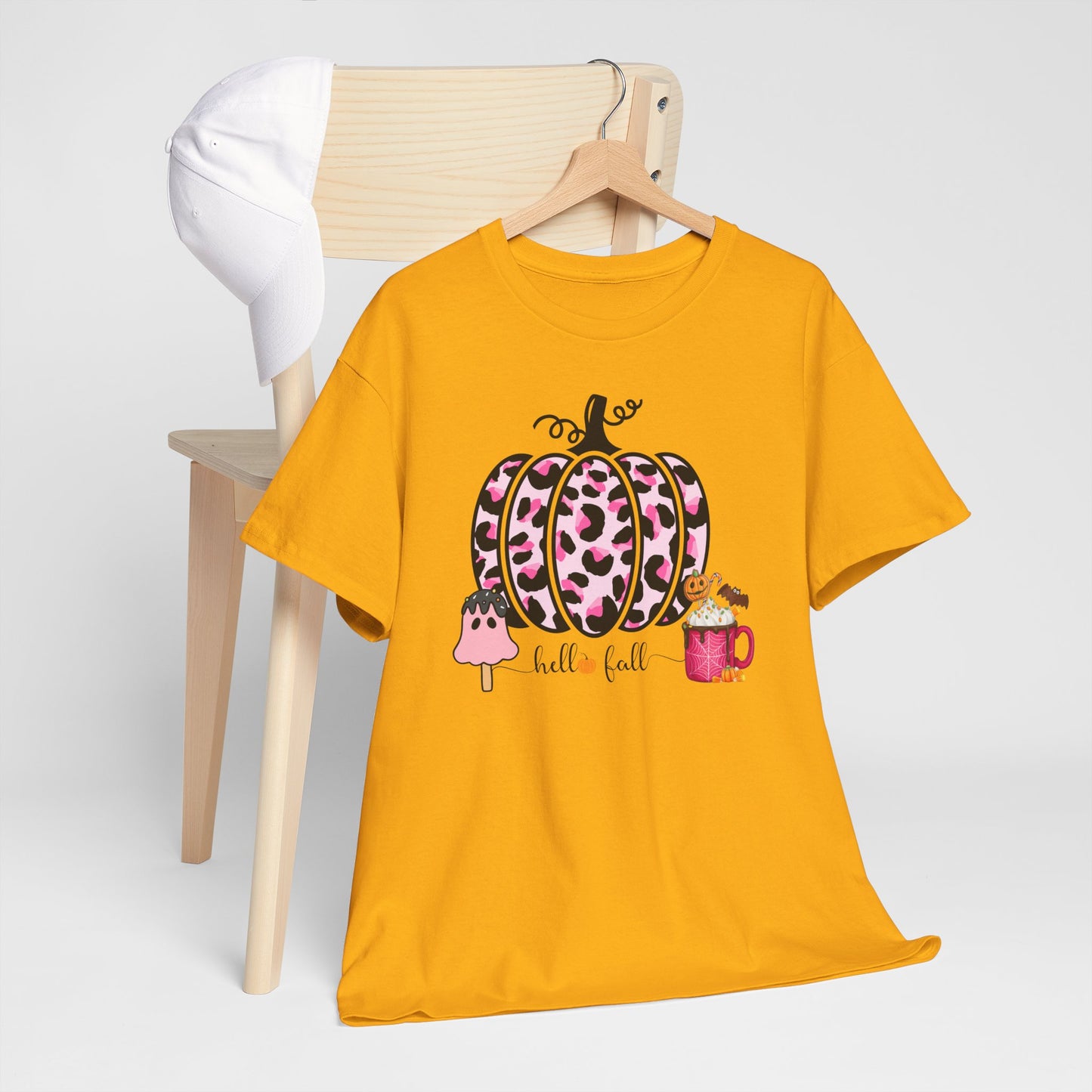 Unisex Heavy Cotton Tee- Hello Fall Pink Leopard Pumpkin