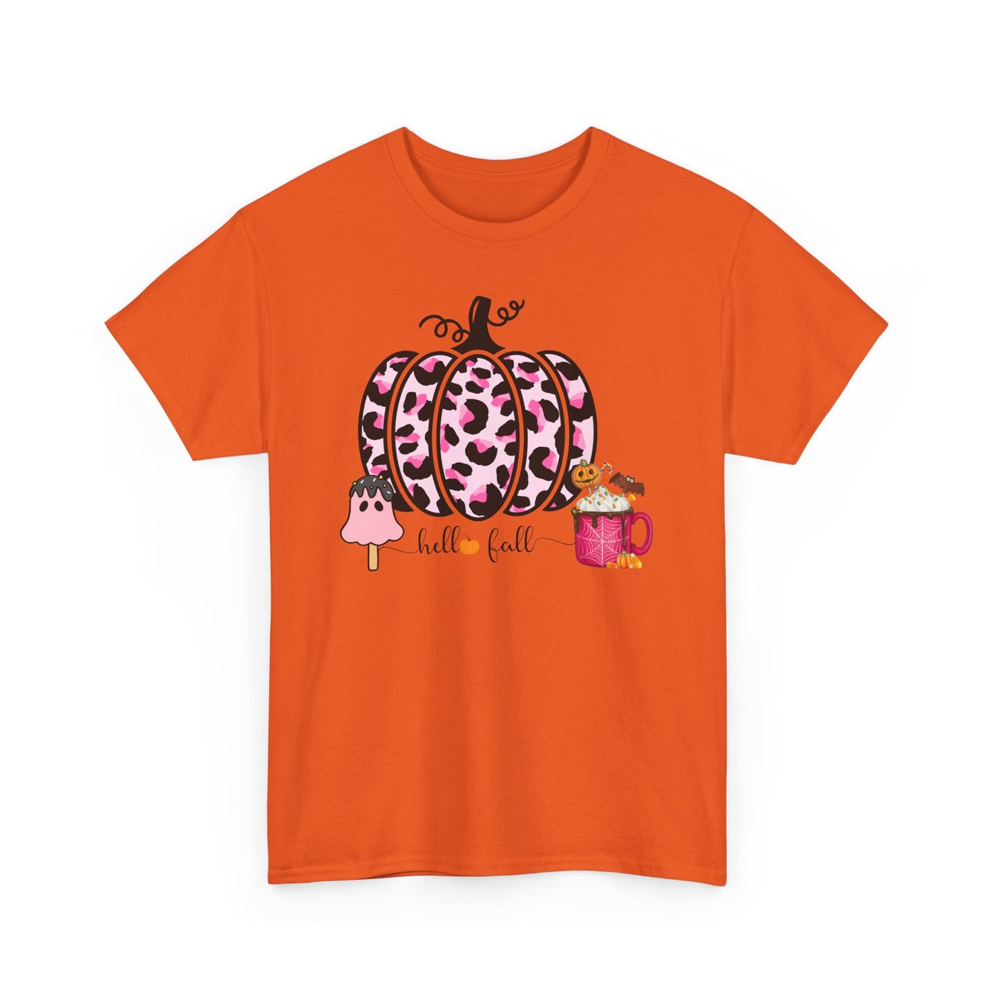 Unisex Heavy Cotton Tee- Hello Fall Pink Leopard Pumpkin