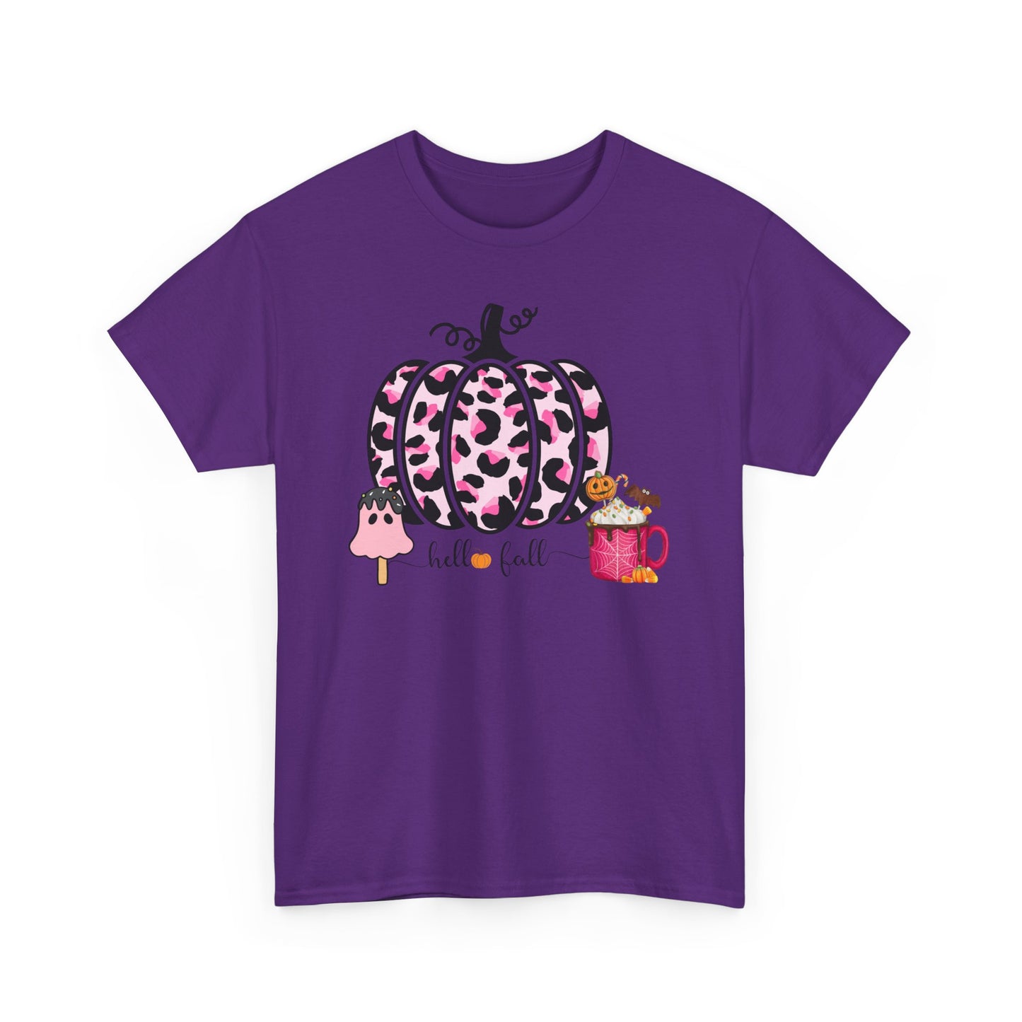 Unisex Heavy Cotton Tee- Hello Fall Pink Leopard Pumpkin