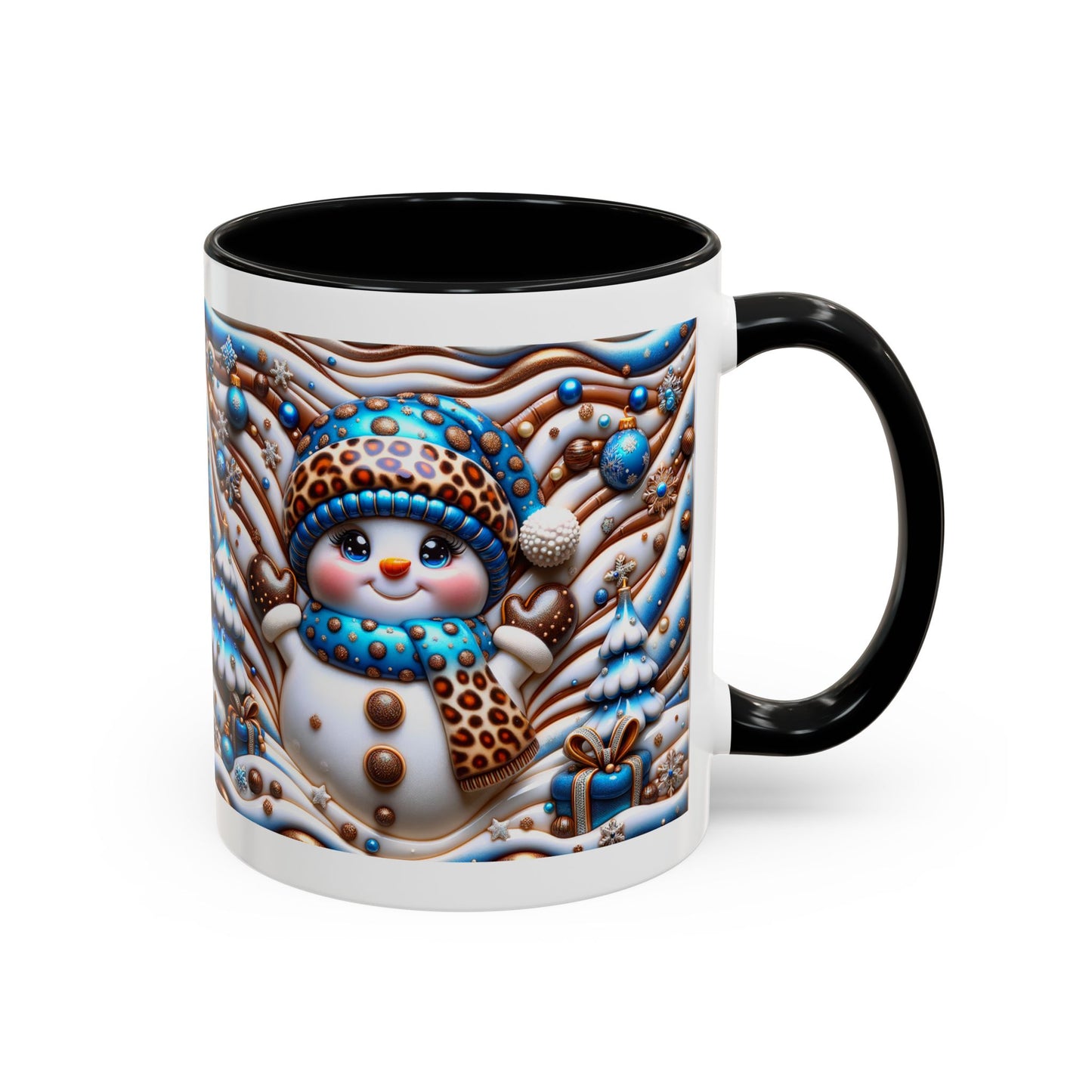 Accent Coffee Mug (11, 15oz)- Blue and leopard print scarf Snowman