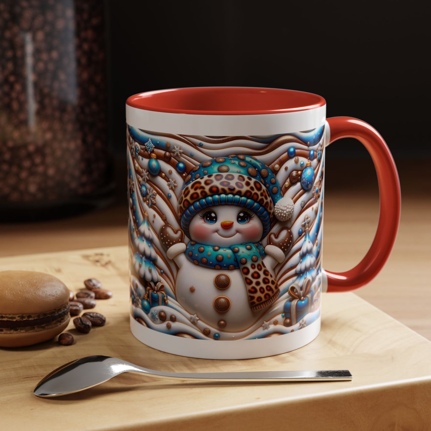 Accent Coffee Mug (11, 15oz)- Blue and leopard print scarf Snowman