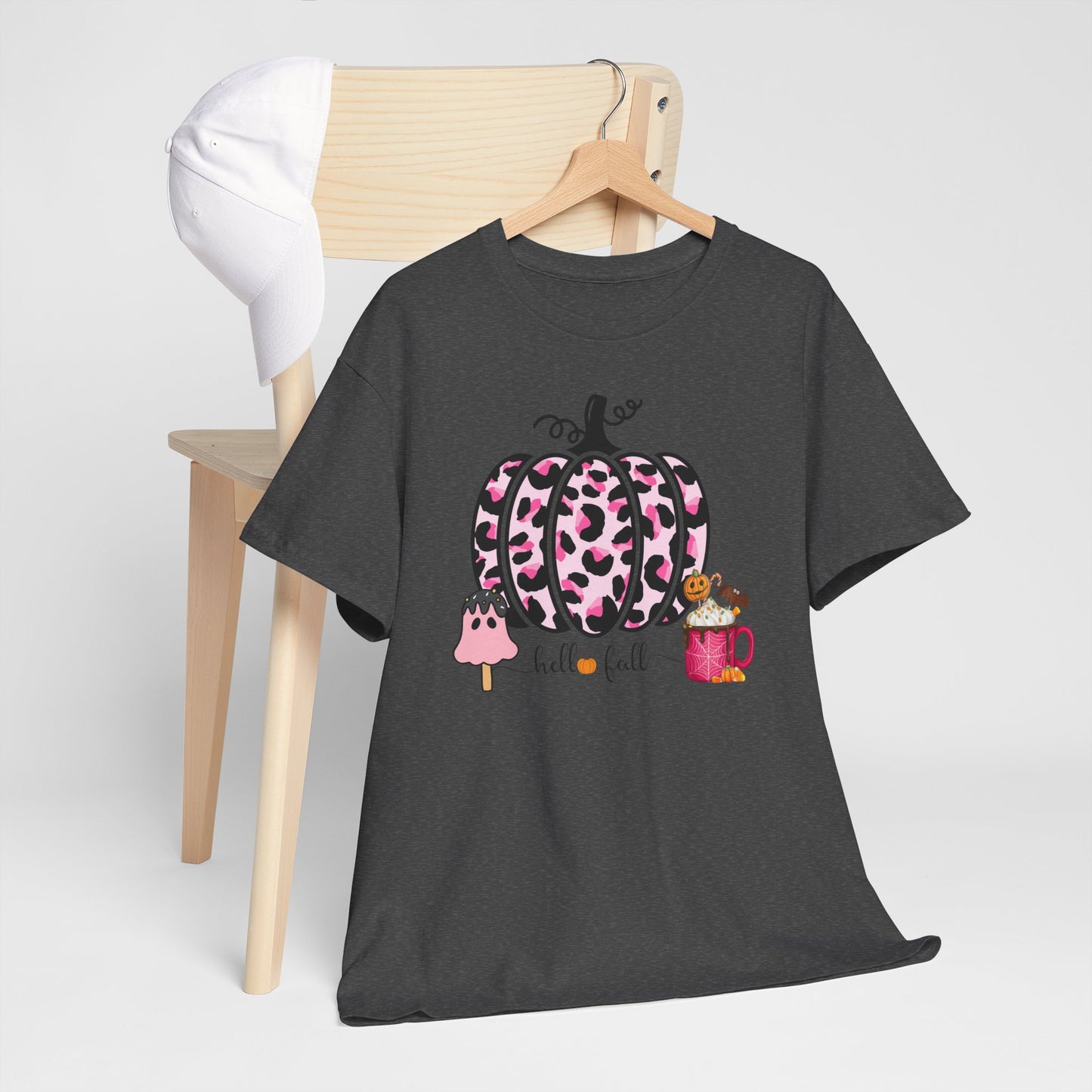 Unisex Heavy Cotton Tee- Hello Fall Pink Leopard Pumpkin