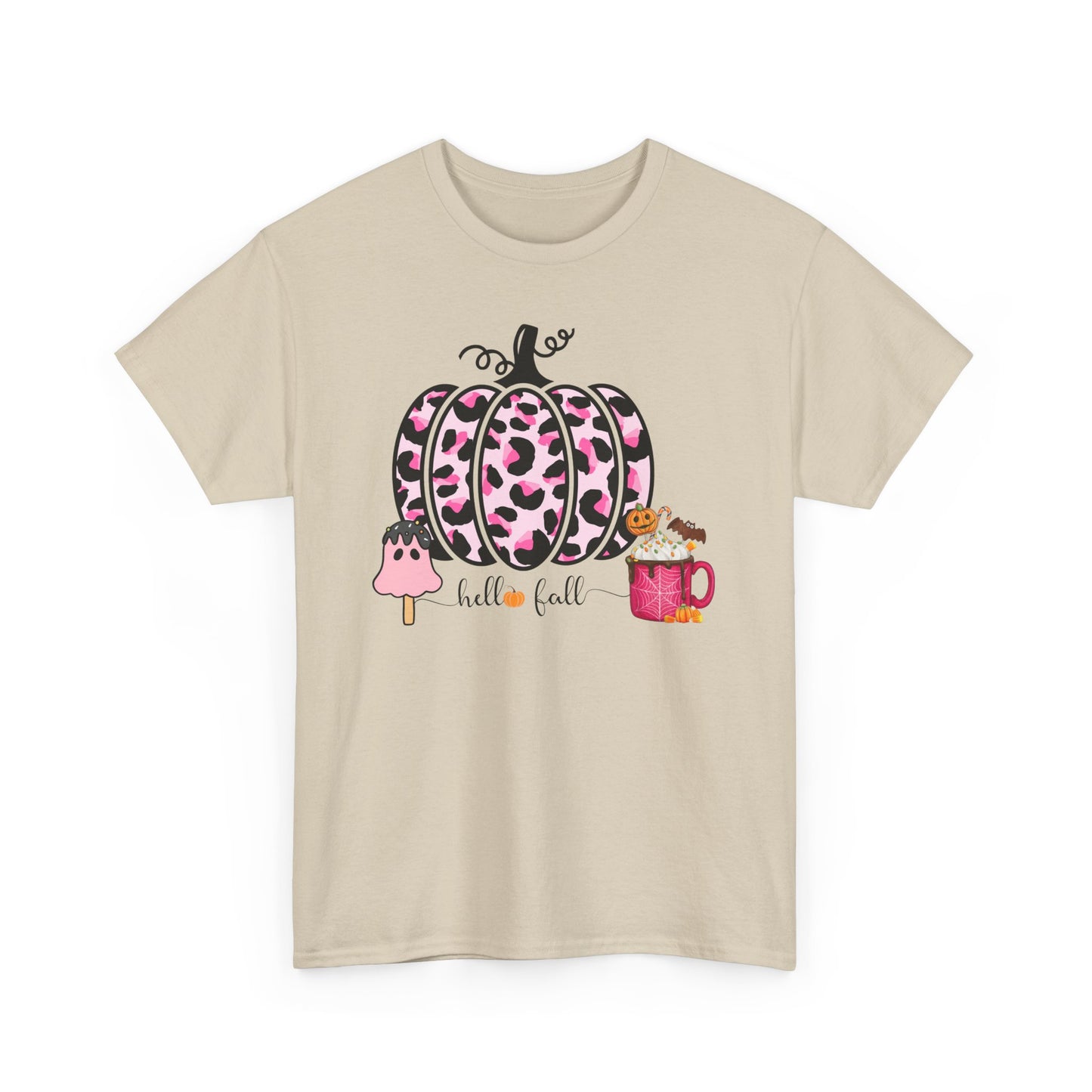 Unisex Heavy Cotton Tee- Hello Fall Pink Leopard Pumpkin