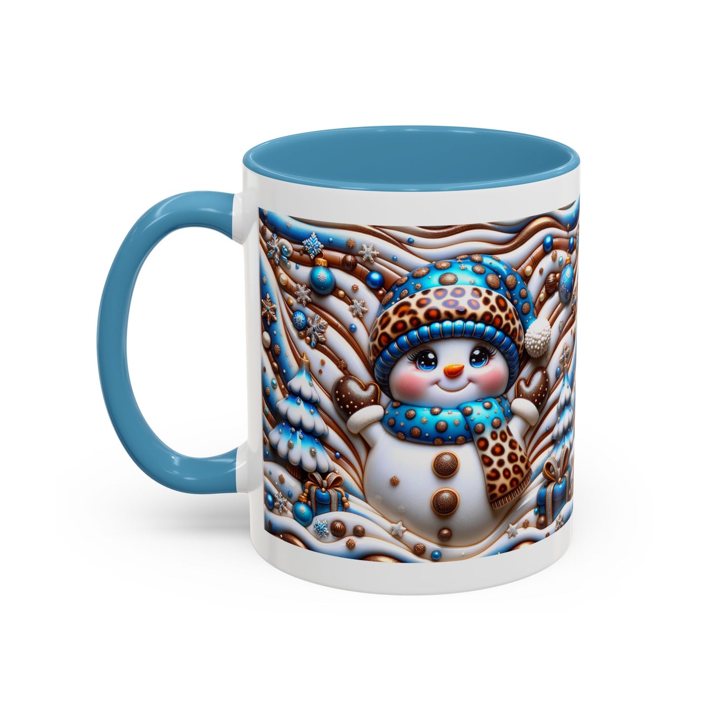 Accent Coffee Mug (11, 15oz)- Blue and leopard print scarf Snowman