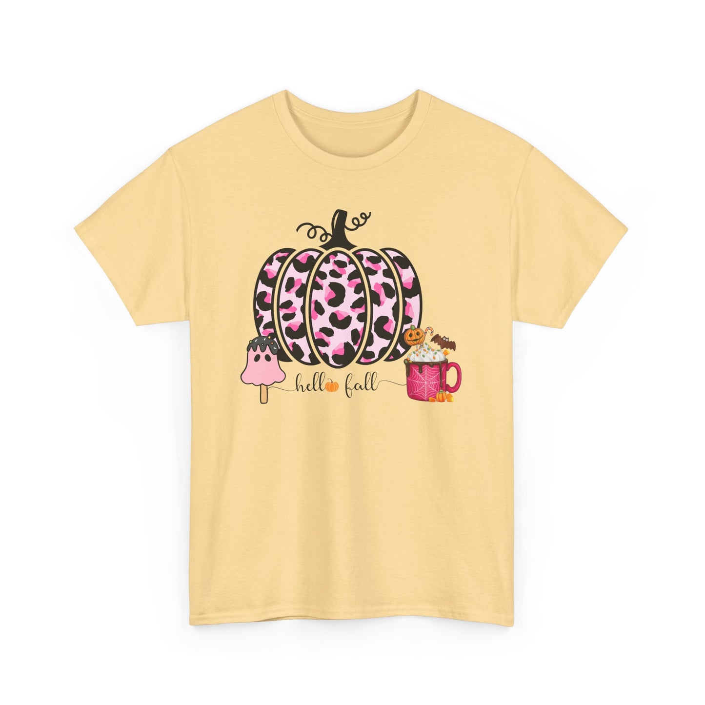 Unisex Heavy Cotton Tee- Hello Fall Pink Leopard Pumpkin