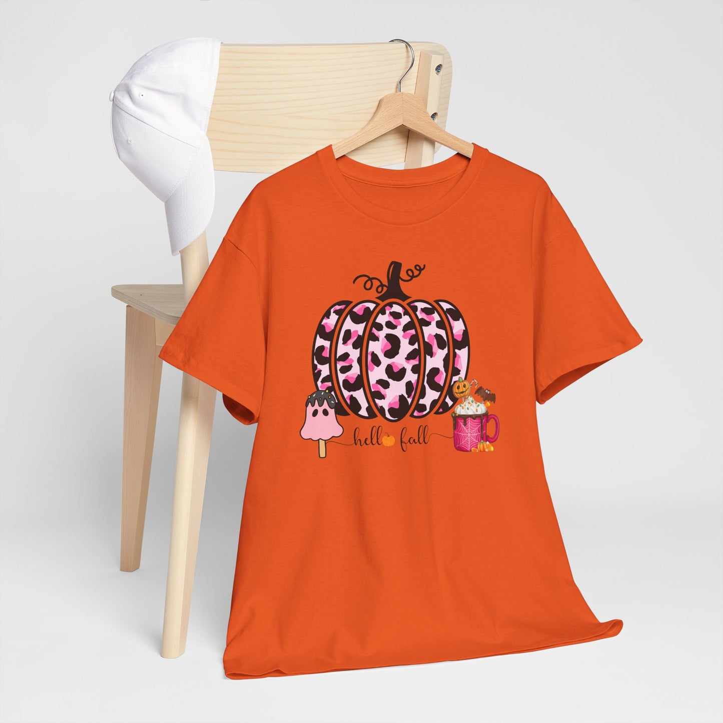 Unisex Heavy Cotton Tee- Hello Fall Pink Leopard Pumpkin