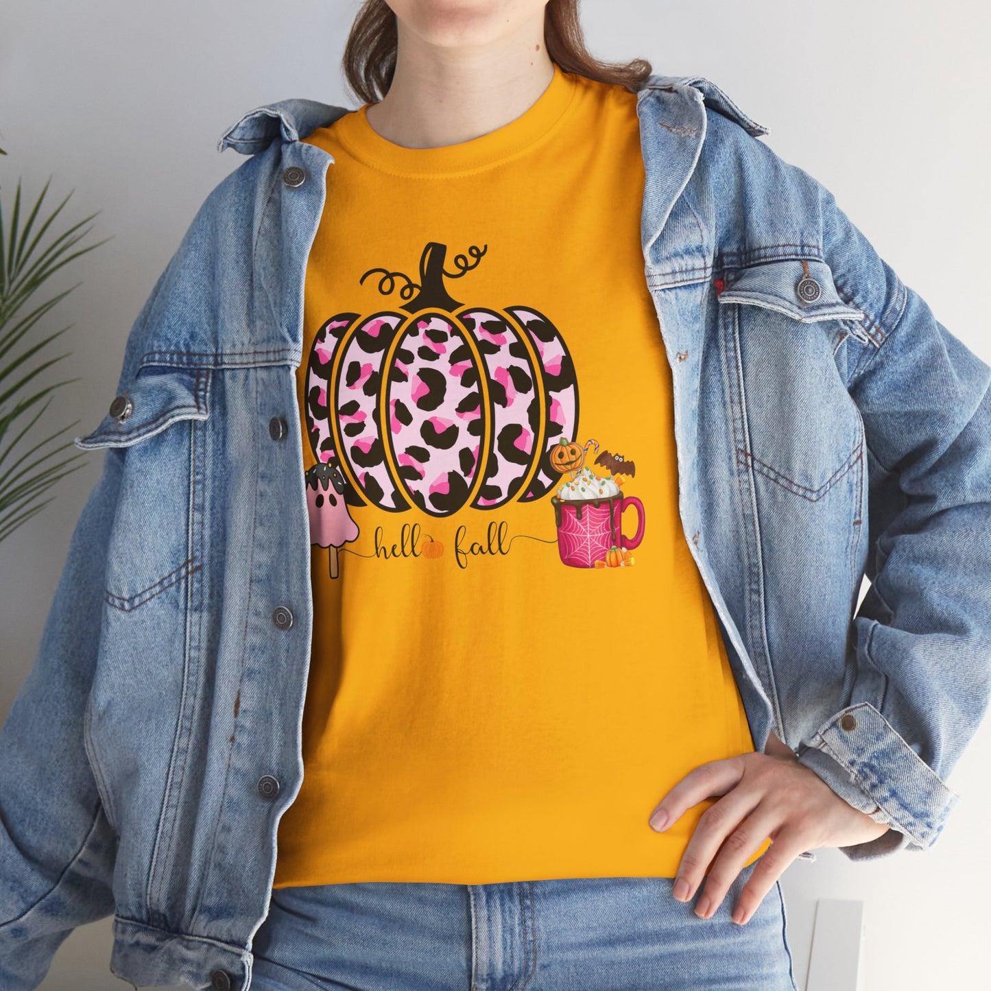 Unisex Heavy Cotton Tee- Hello Fall Pink Leopard Pumpkin