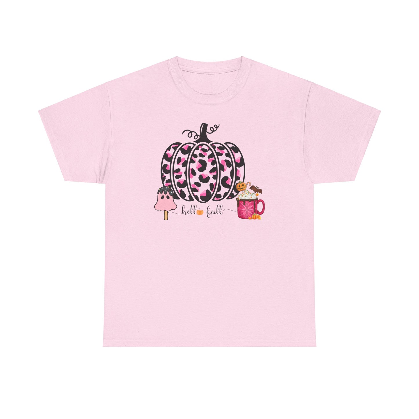 Unisex Heavy Cotton Tee- Hello Fall Pink Leopard Pumpkin