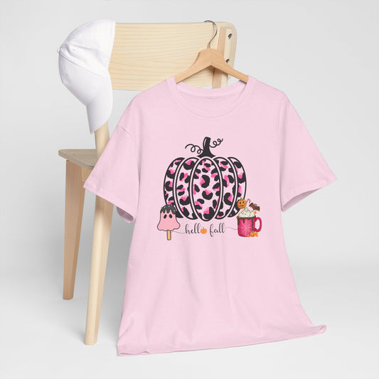 Unisex Heavy Cotton Tee- Hello Fall Pink Leopard Pumpkin