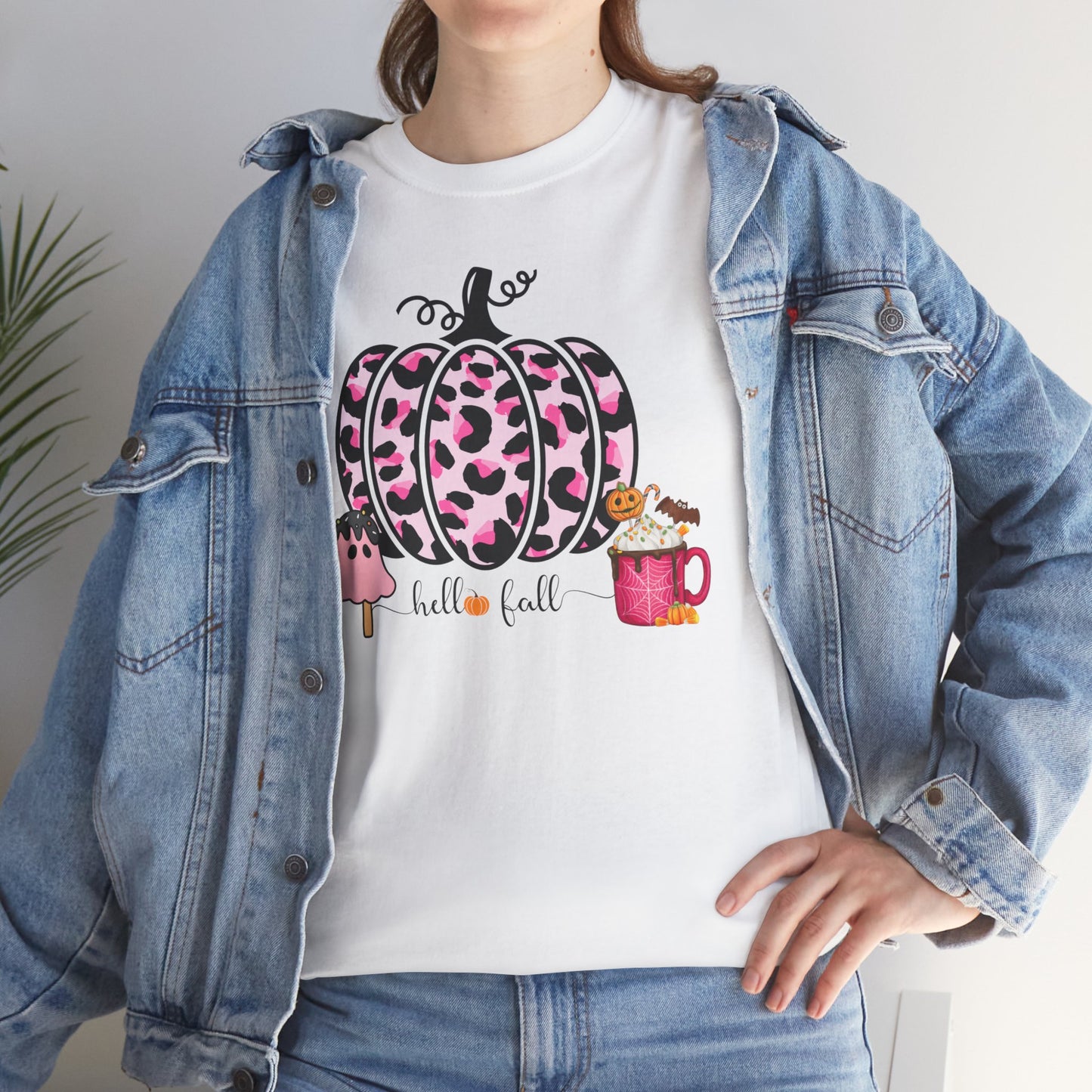 Unisex Heavy Cotton Tee- Hello Fall Pink Leopard Pumpkin