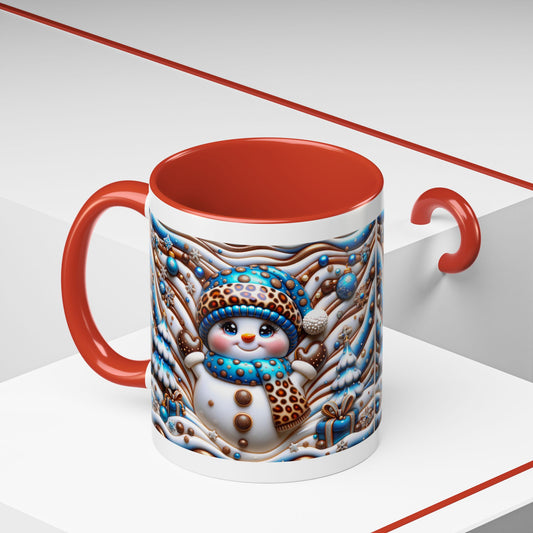 Accent Coffee Mug (11, 15oz)- Blue and leopard print scarf Snowman