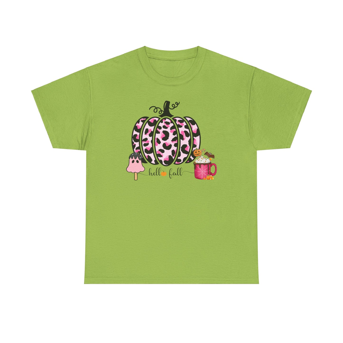 Unisex Heavy Cotton Tee- Hello Fall Pink Leopard Pumpkin