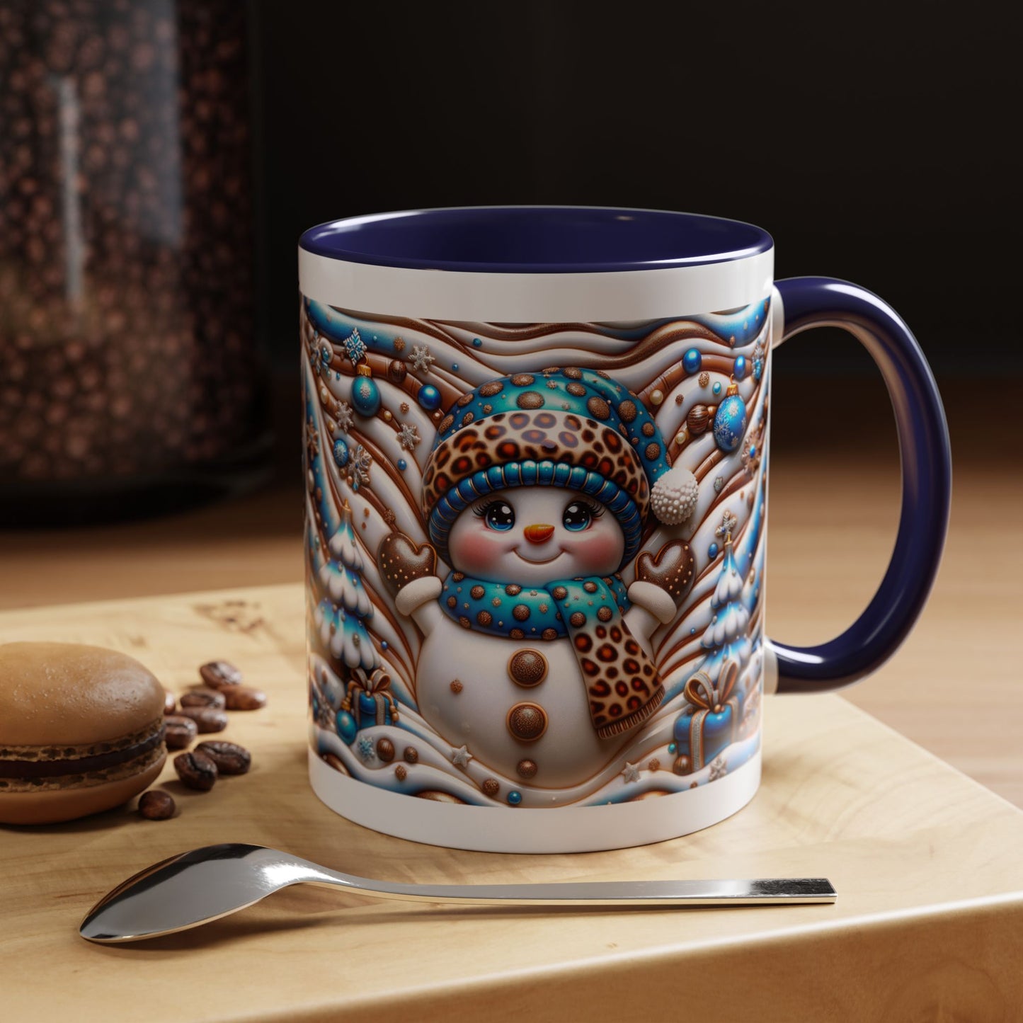 Accent Coffee Mug (11, 15oz)- Blue and leopard print scarf Snowman