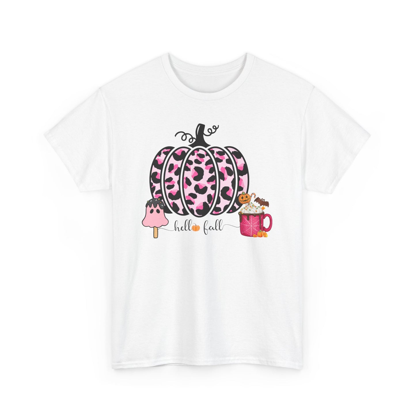 Unisex Heavy Cotton Tee- Hello Fall Pink Leopard Pumpkin