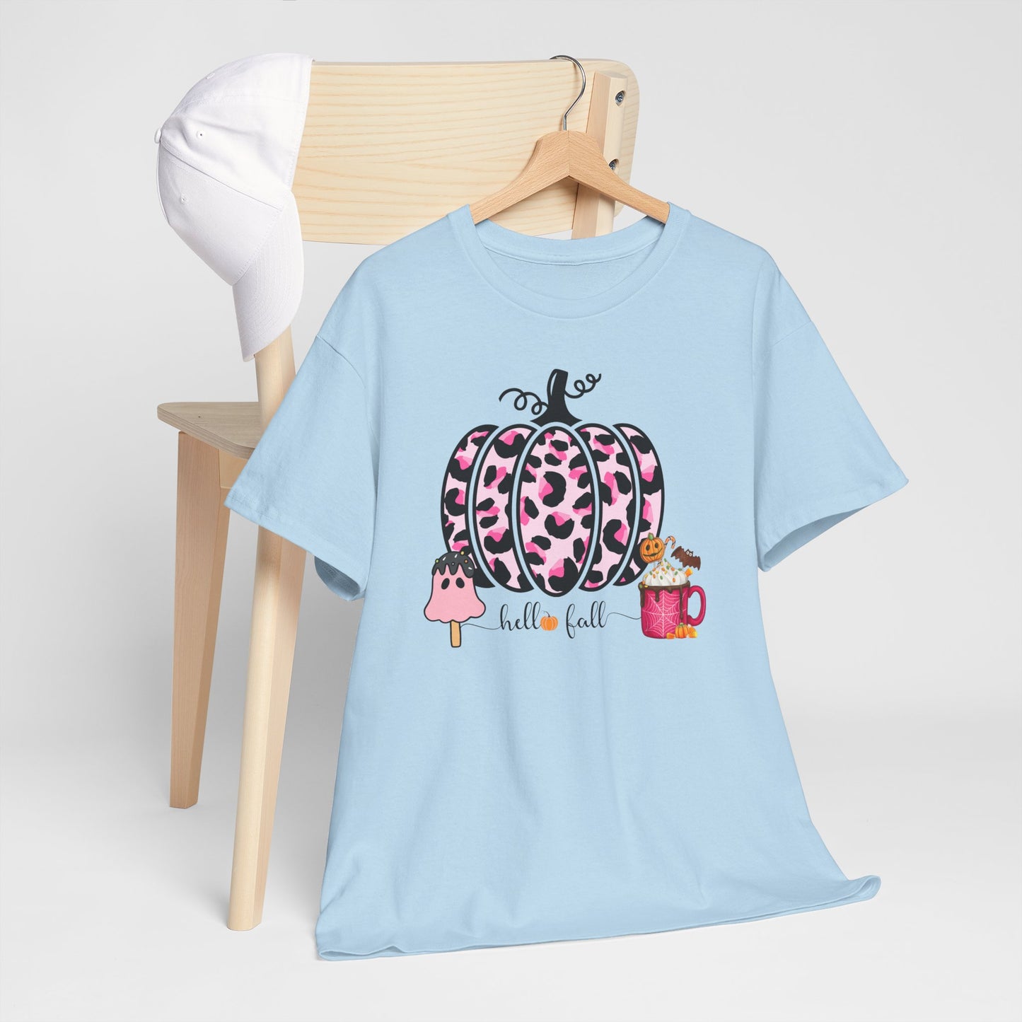 Unisex Heavy Cotton Tee- Hello Fall Pink Leopard Pumpkin