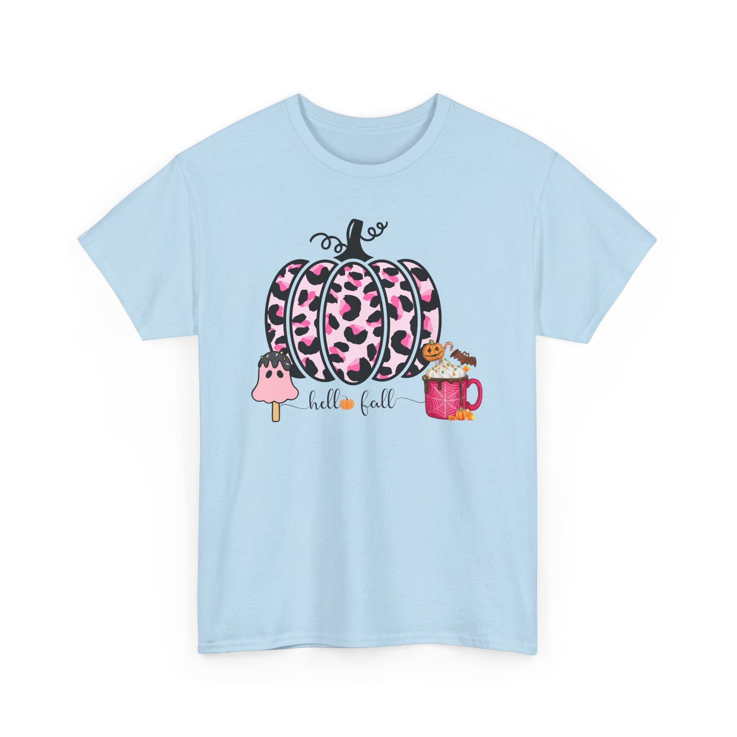 Unisex Heavy Cotton Tee- Hello Fall Pink Leopard Pumpkin