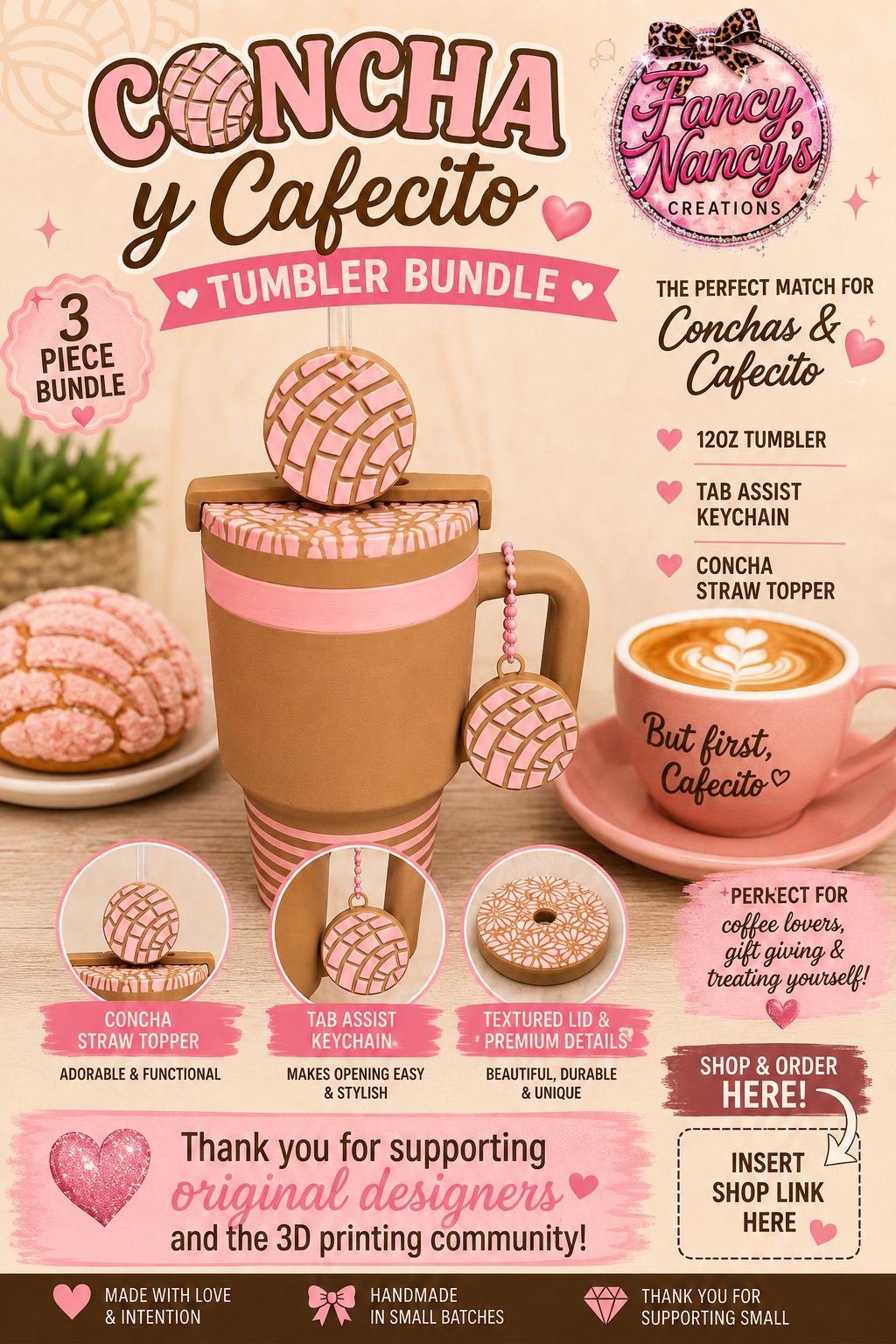 A promotional graphic for a 3-piece tumbler bundle by Fancy Nancy's Creations, featuring Concha y Cafecito. The design showcases a pink and white patterned tumbler with a matching straw topper and keychain, alongside a coffee cup with latte art and a cookie, set against a warm beige background with various text overlays.
