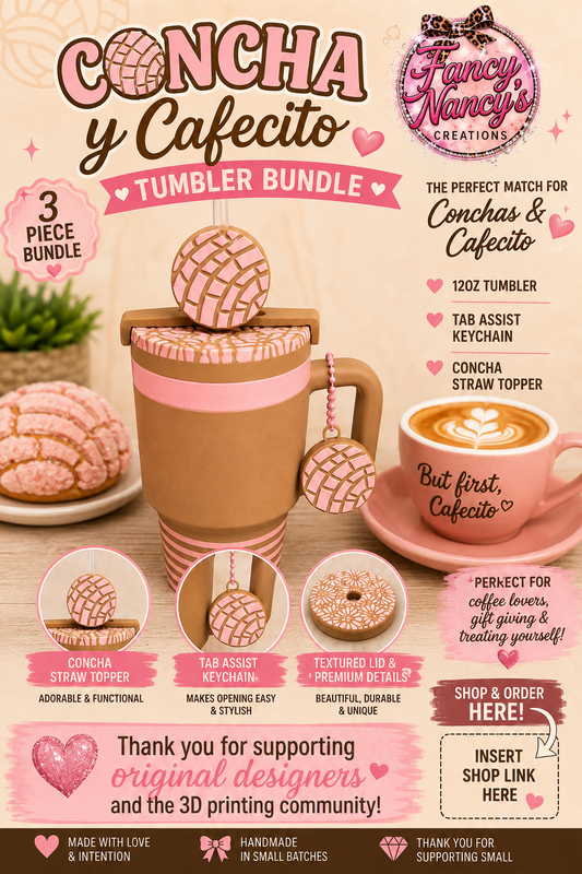 A promotional graphic for a 3-piece tumbler bundle by Fancy Nancy's Creations, featuring Concha y Cafecito. The design showcases a pink and white patterned tumbler with a matching straw topper and keychain, alongside a coffee cup with latte art and a cookie, set against a warm beige background with various text overlays.