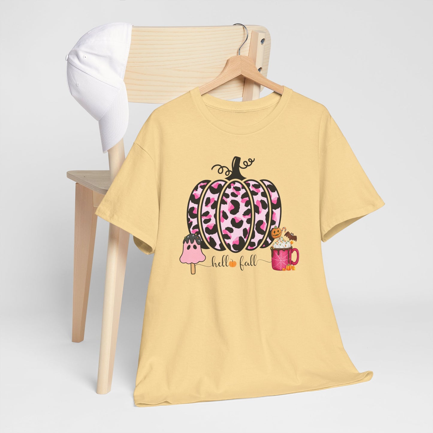 Unisex Heavy Cotton Tee- Hello Fall Pink Leopard Pumpkin