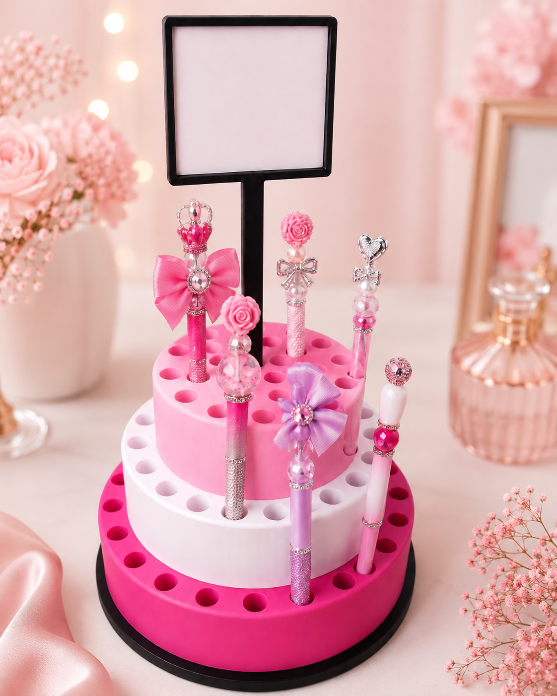 3D Printed 3-Tier Pen and Pencil Holder Tower Desk Organizer in pink