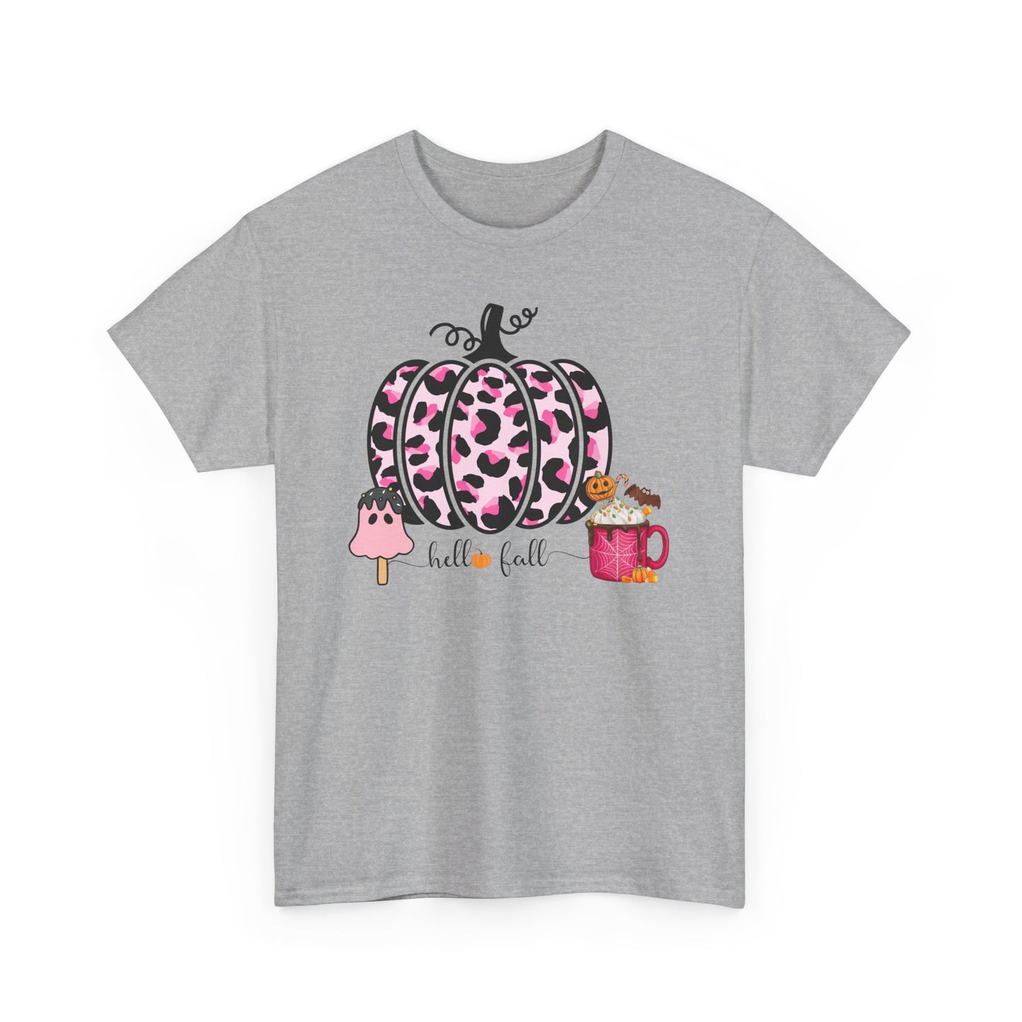 Unisex Heavy Cotton Tee- Hello Fall Pink Leopard Pumpkin