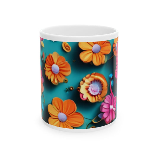 Ceramic Mug, (11oz, 15oz) 3d flowers