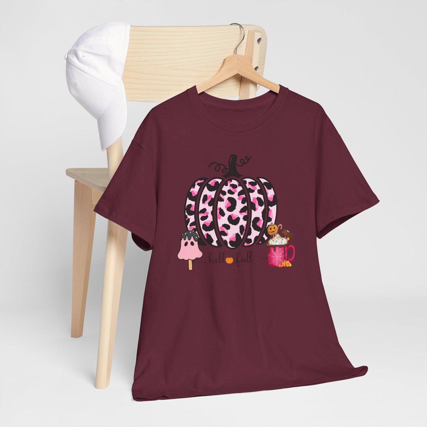 Unisex Heavy Cotton Tee- Hello Fall Pink Leopard Pumpkin