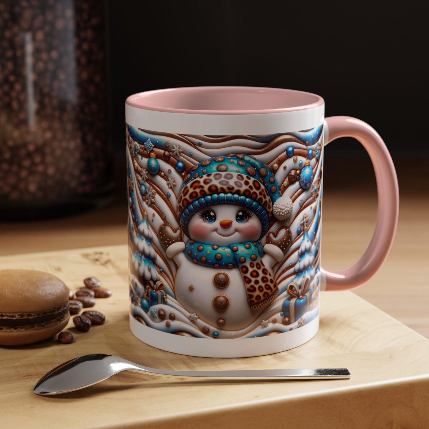 Accent Coffee Mug (11, 15oz)- Blue and leopard print scarf Snowman