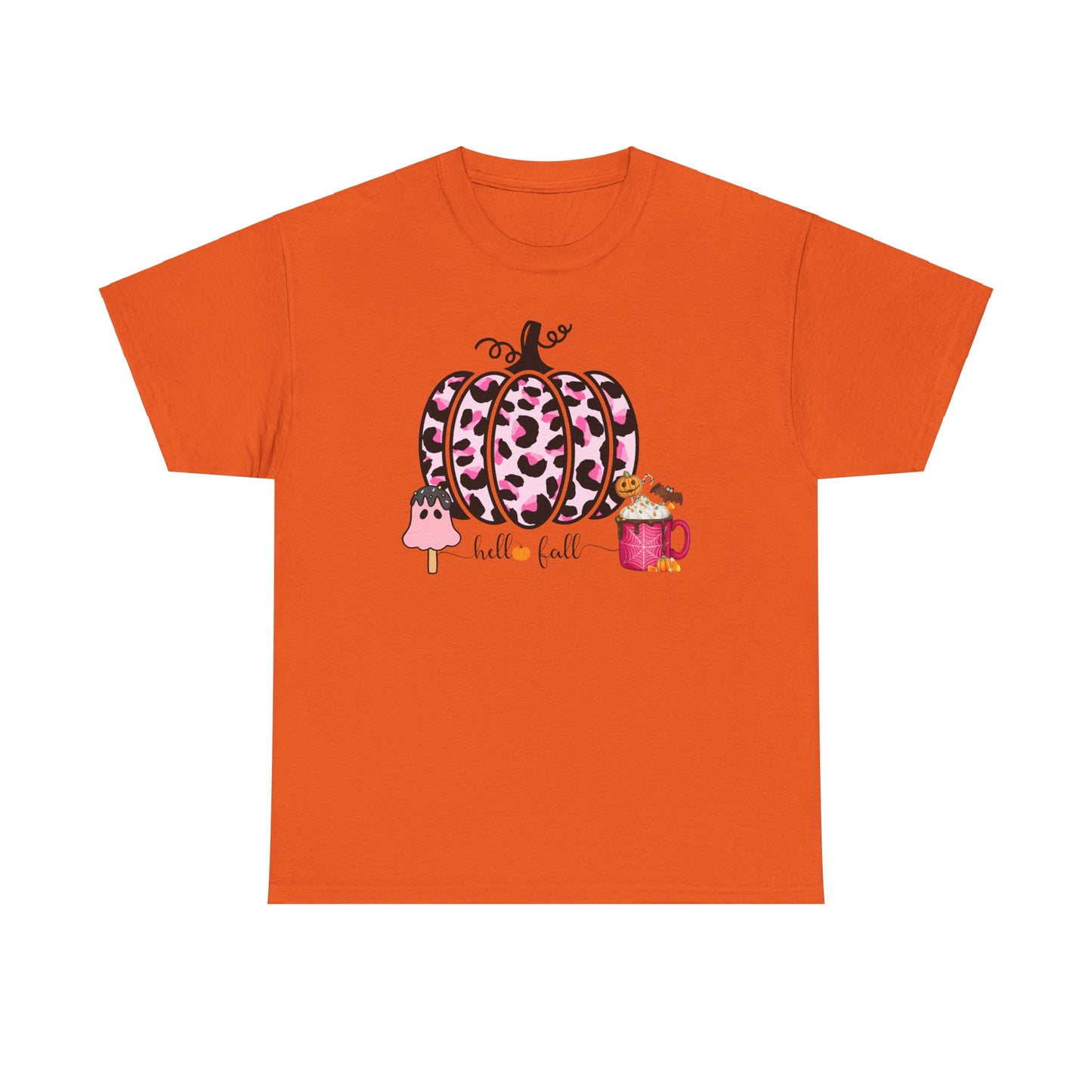 Unisex Heavy Cotton Tee- Hello Fall Pink Leopard Pumpkin