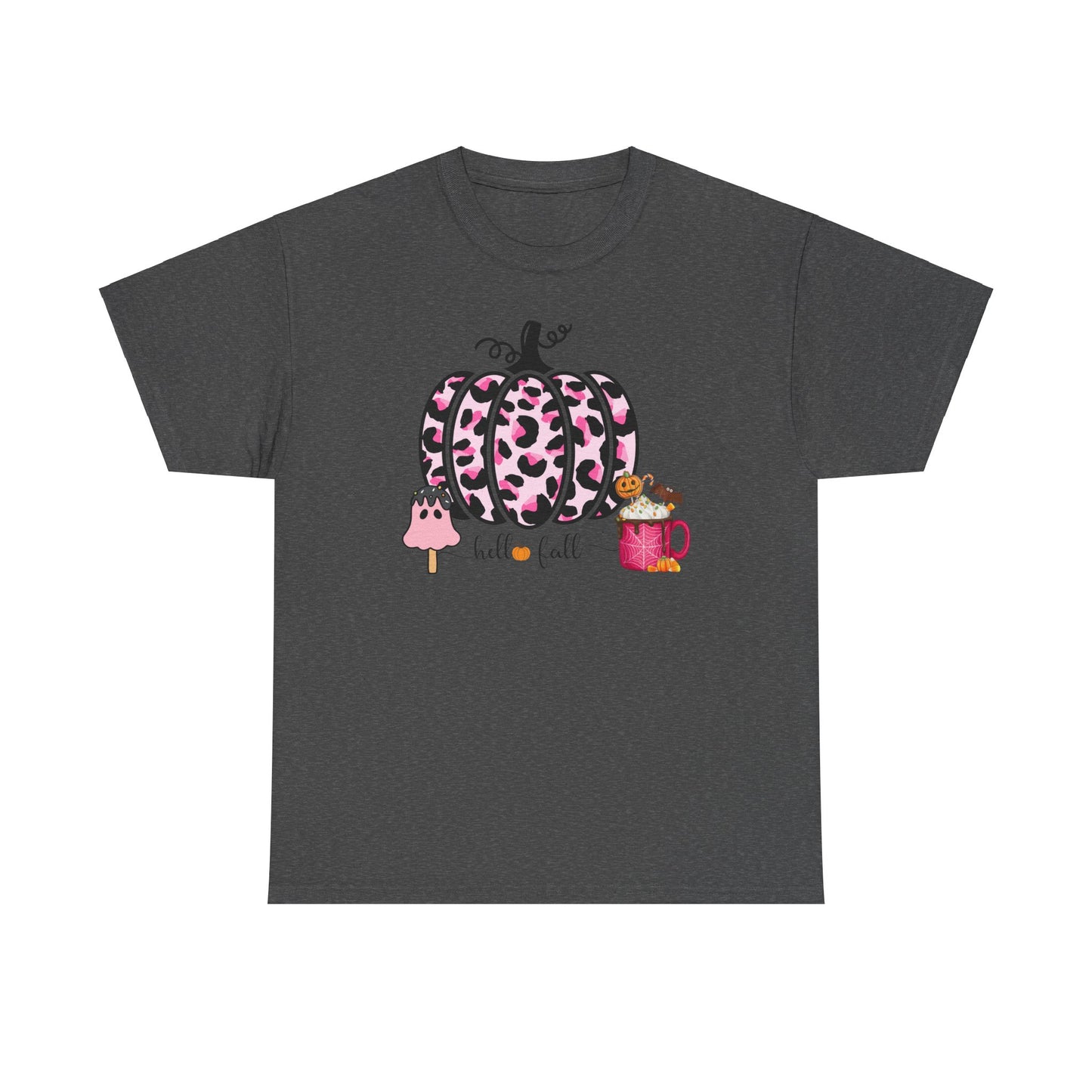 Unisex Heavy Cotton Tee- Hello Fall Pink Leopard Pumpkin