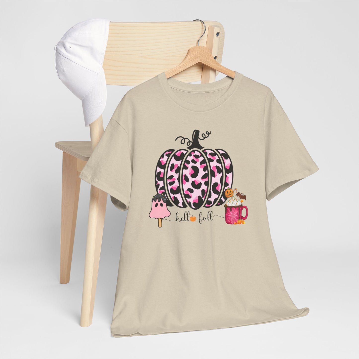 Unisex Heavy Cotton Tee- Hello Fall Pink Leopard Pumpkin