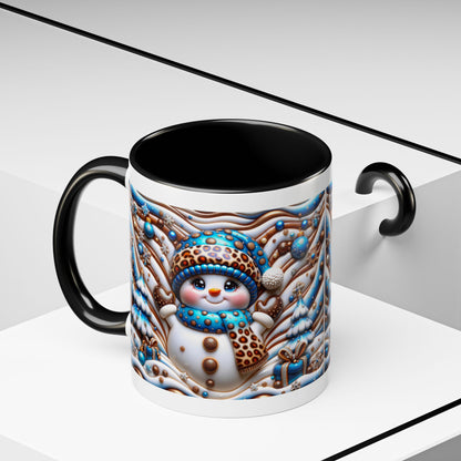 Accent Coffee Mug (11, 15oz)- Blue and leopard print scarf Snowman