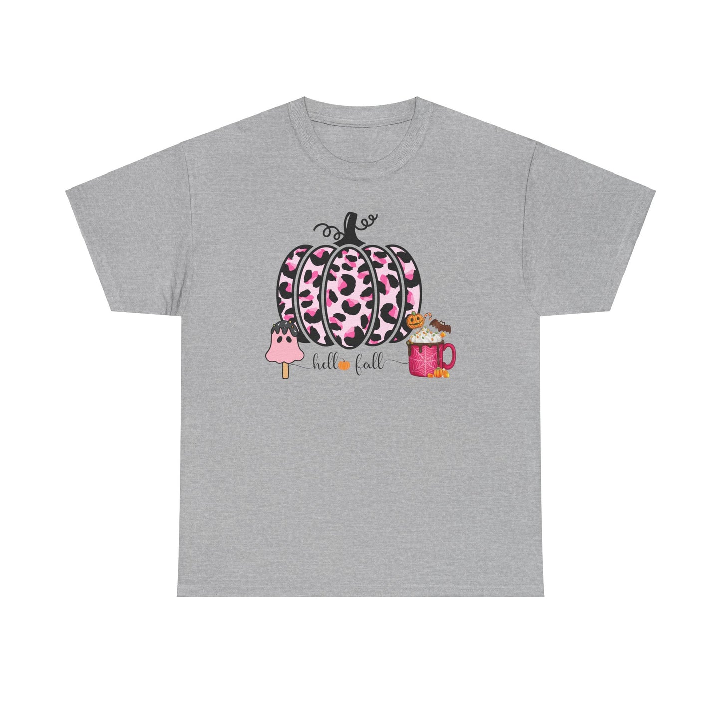 Unisex Heavy Cotton Tee- Hello Fall Pink Leopard Pumpkin