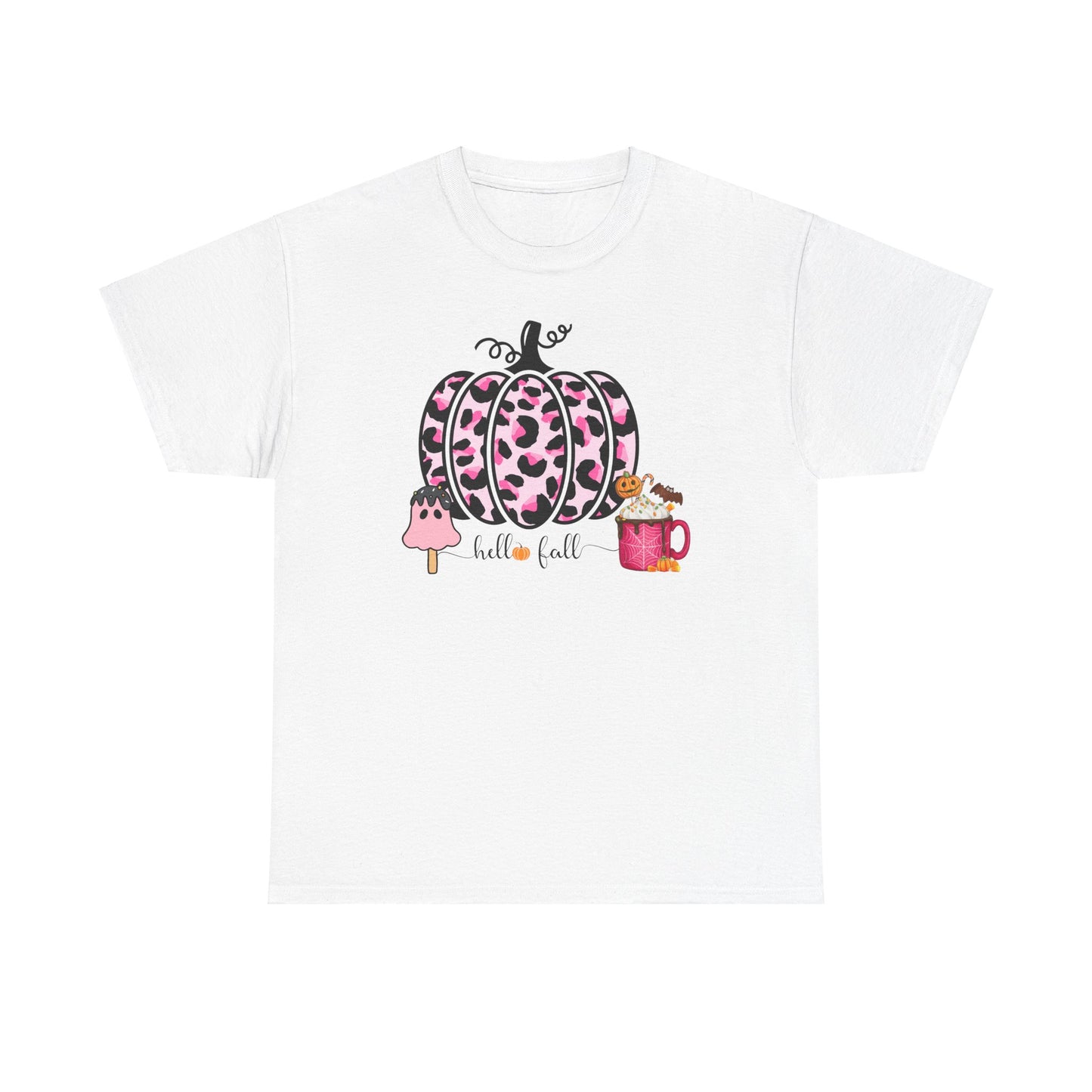 Unisex Heavy Cotton Tee- Hello Fall Pink Leopard Pumpkin