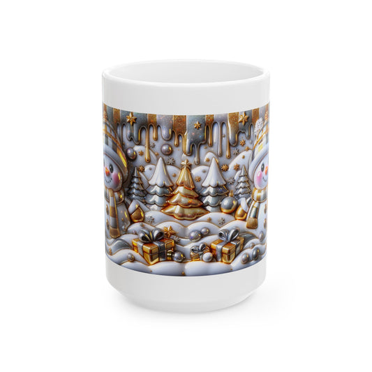 Ceramic Mug, (11oz, 15oz) - Gold and White Snowman