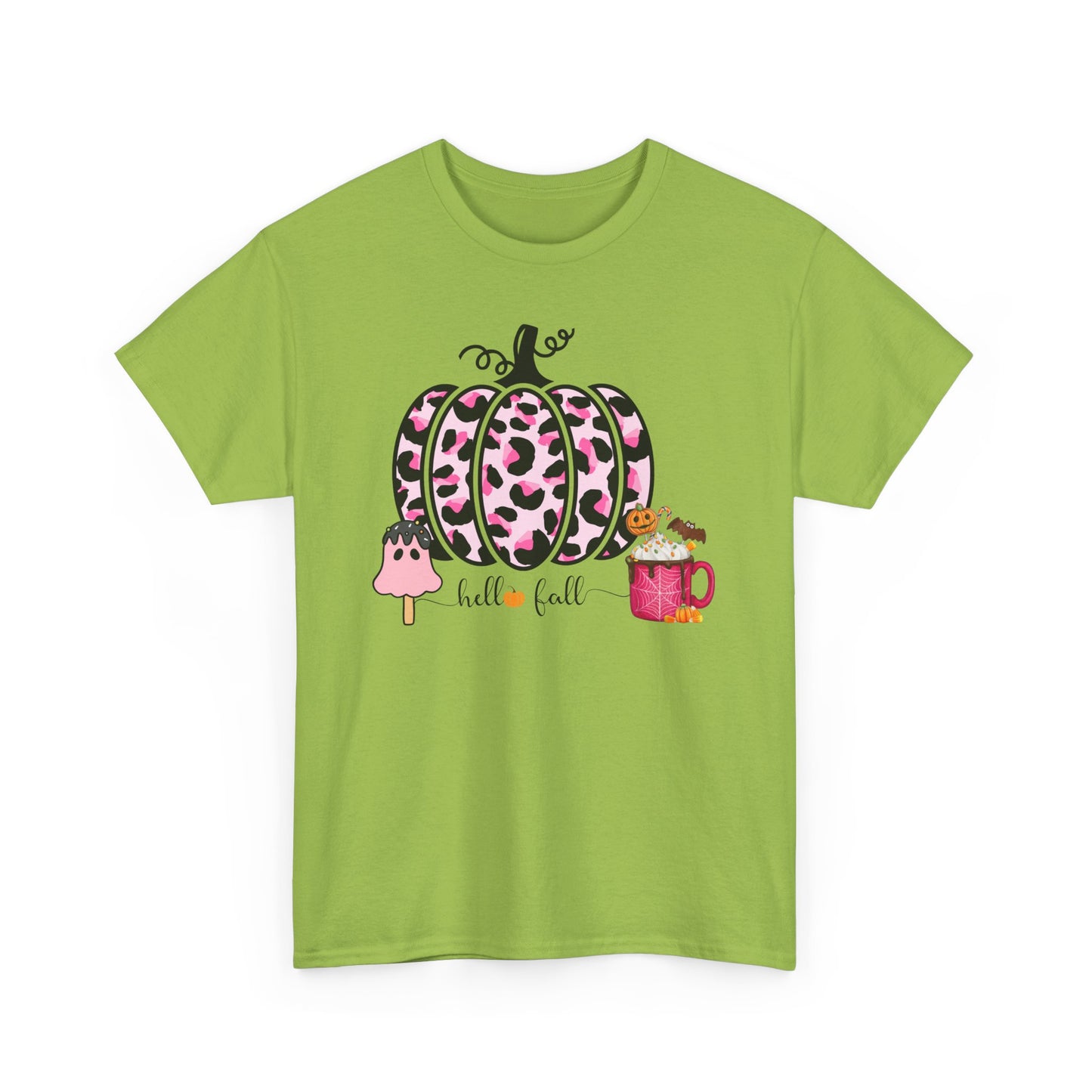 Unisex Heavy Cotton Tee- Hello Fall Pink Leopard Pumpkin