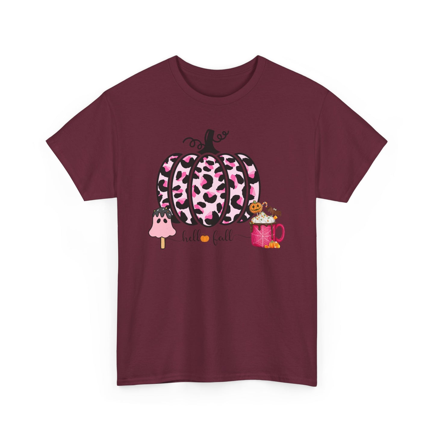 Unisex Heavy Cotton Tee- Hello Fall Pink Leopard Pumpkin