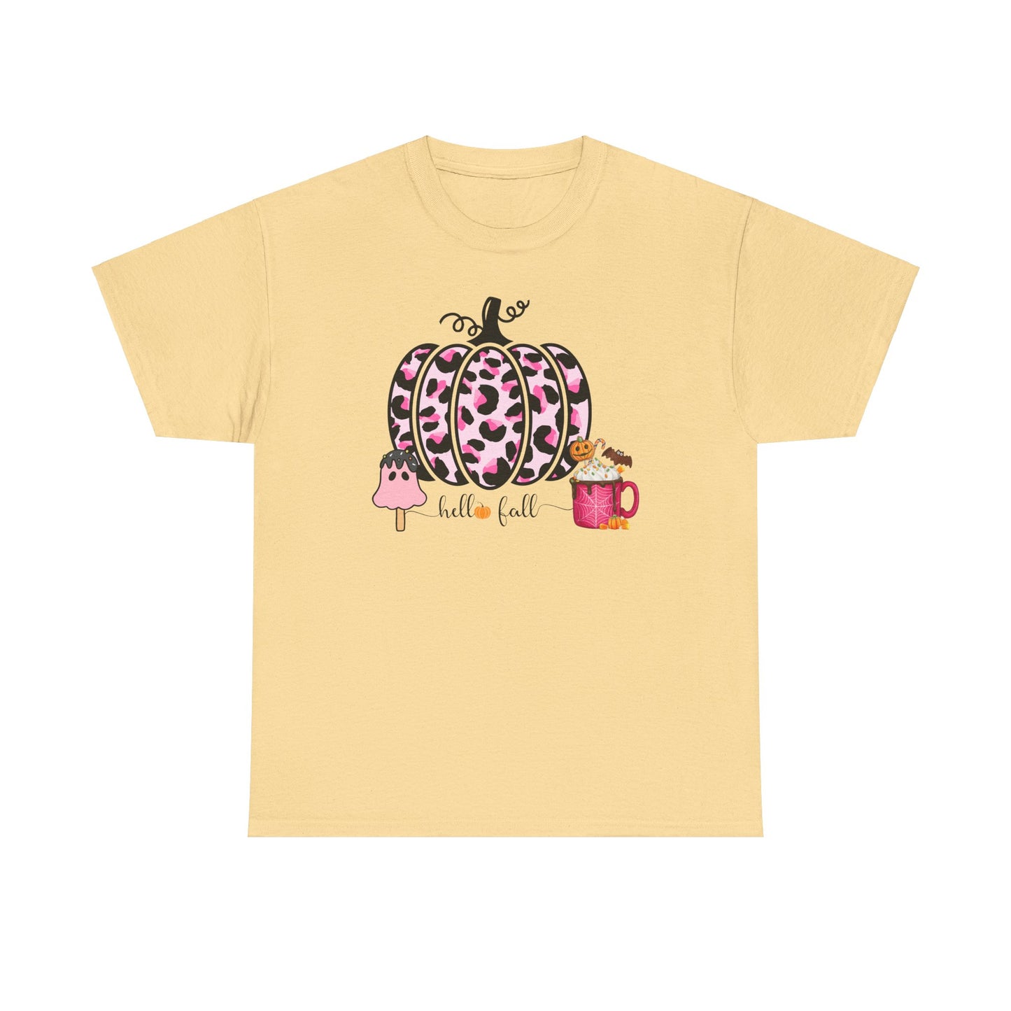 Unisex Heavy Cotton Tee- Hello Fall Pink Leopard Pumpkin