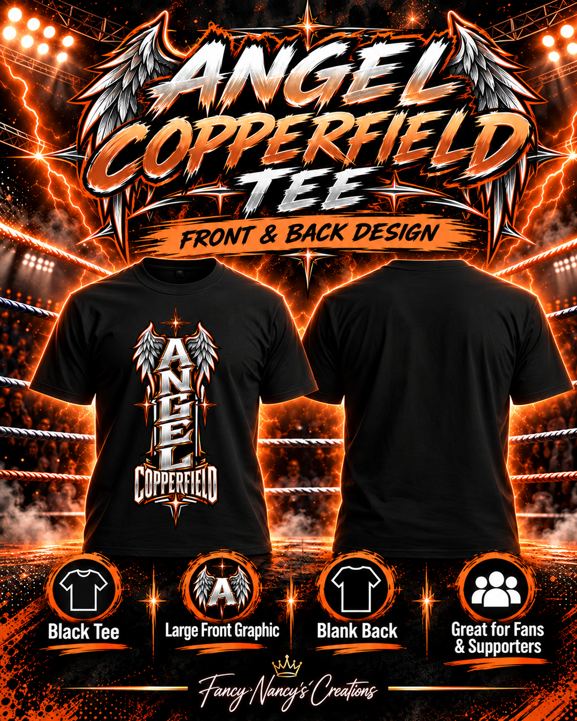 Angel Copperfield Winged Logo T-Shirt | Black Wrestling Fan Tee