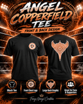 Angel Copperfield T-shirt promotional image showing front chest logo and large back graphic